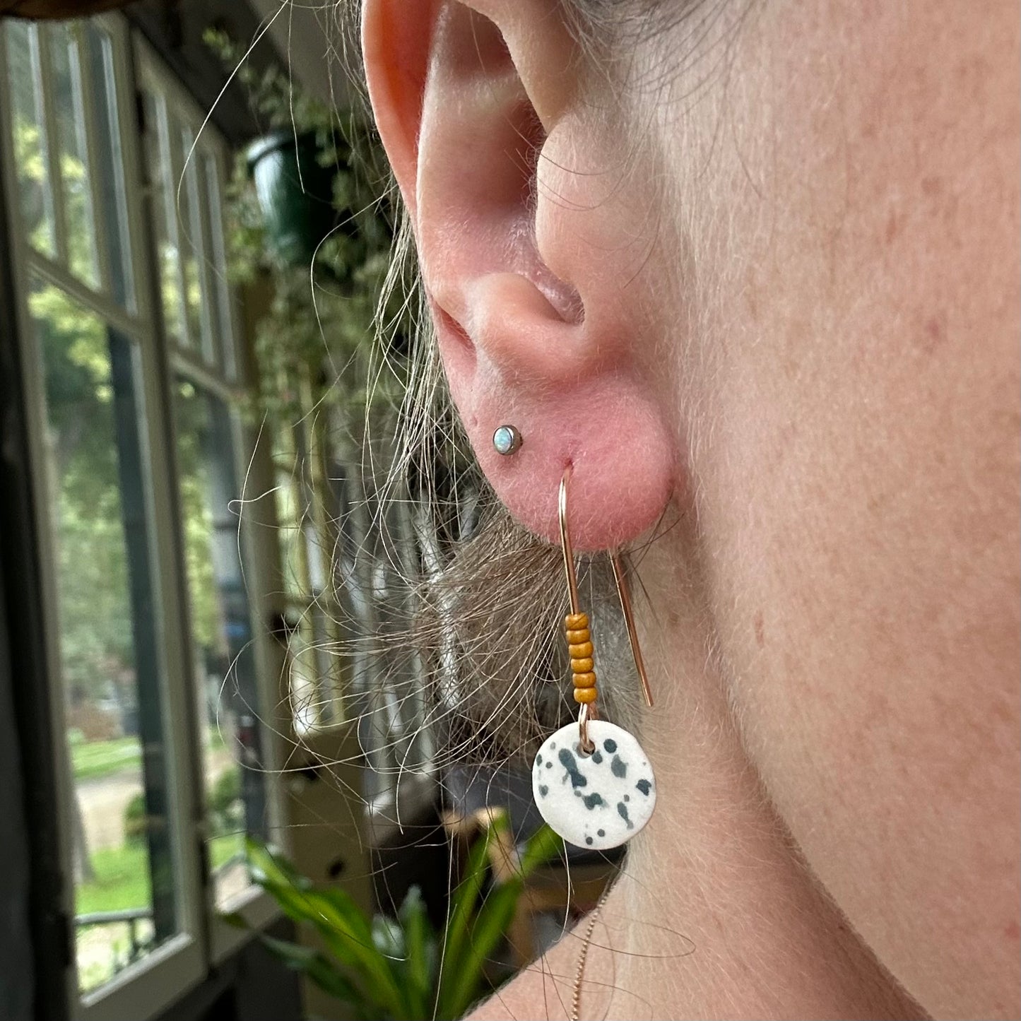 Beaded flicker full moon dangle earring- mustard & steel blue