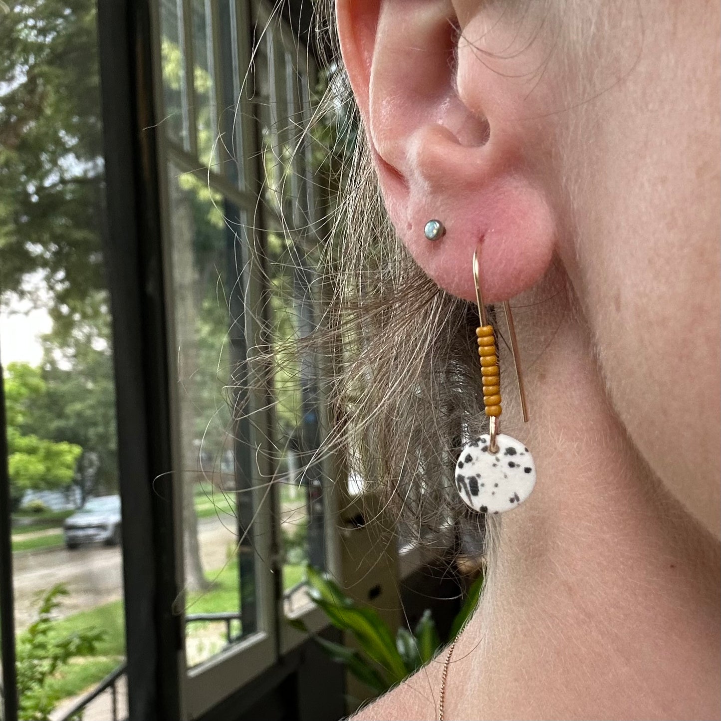 Beaded flicker full moon  dangle earring- mustard & black